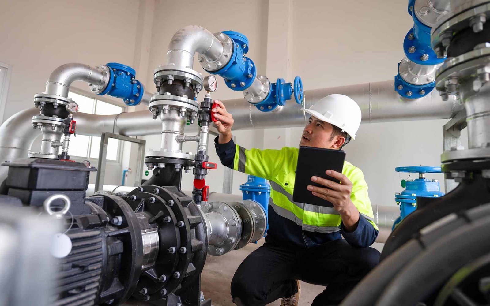 Technician adjusting chilled water piping on a Dubai project