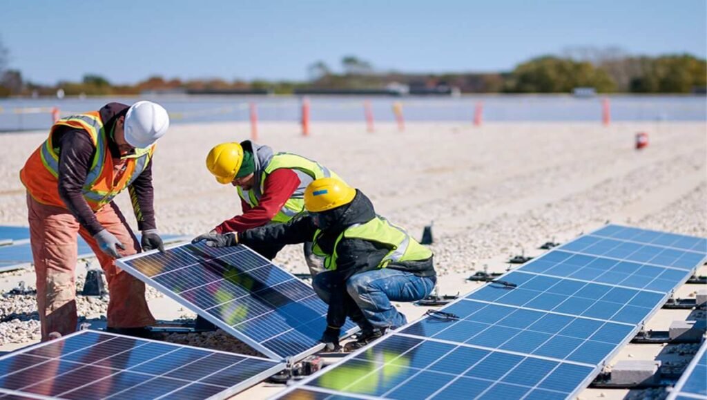 Technicians installing solar panels on a rooftop